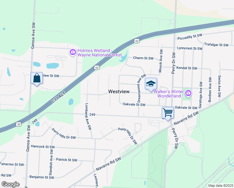 map of restaurants, bars, coffee shops, grocery stores, and more near 2589 Scheiring Avenue Southwest in Canton