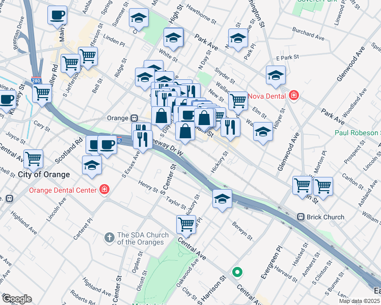 map of restaurants, bars, coffee shops, grocery stores, and more near 50 South Center Street in City of Orange