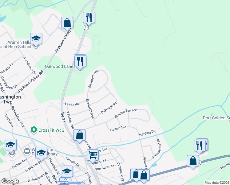 map of restaurants, bars, coffee shops, grocery stores, and more near 30 Oakridge Road in Washington