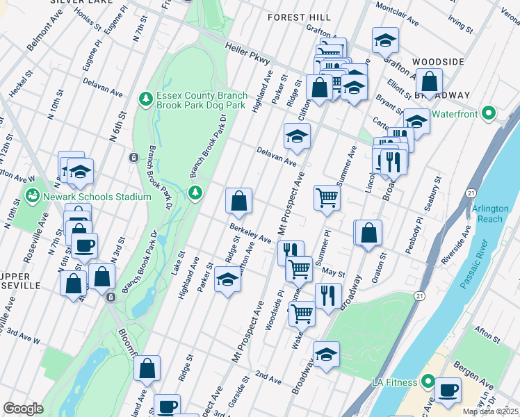 map of restaurants, bars, coffee shops, grocery stores, and more near 198-204 Ballantine Parkway in Newark
