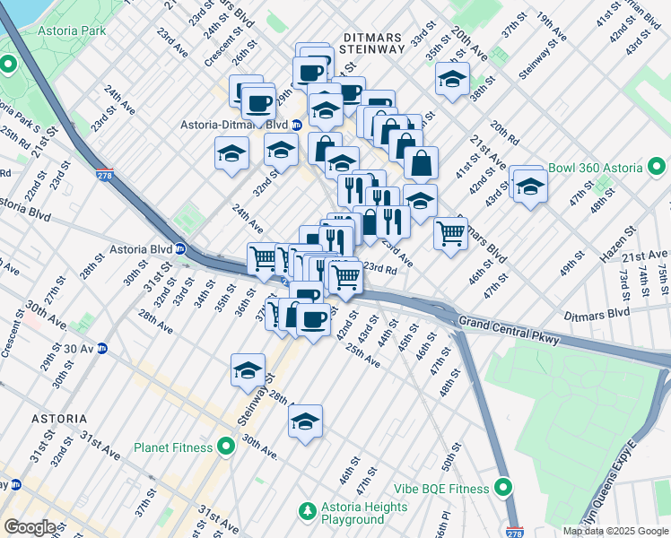 map of restaurants, bars, coffee shops, grocery stores, and more near 23-53 Steinway Street in Queens
