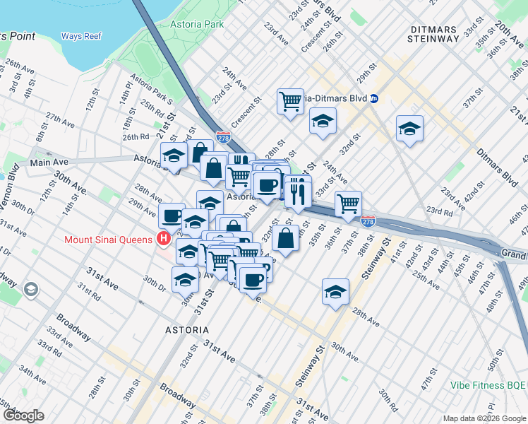 map of restaurants, bars, coffee shops, grocery stores, and more near 25-34 31st Street in Queens