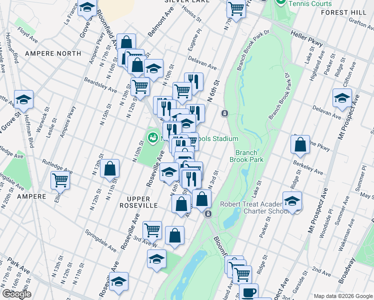 map of restaurants, bars, coffee shops, grocery stores, and more near 203 Abington Avenue in Newark