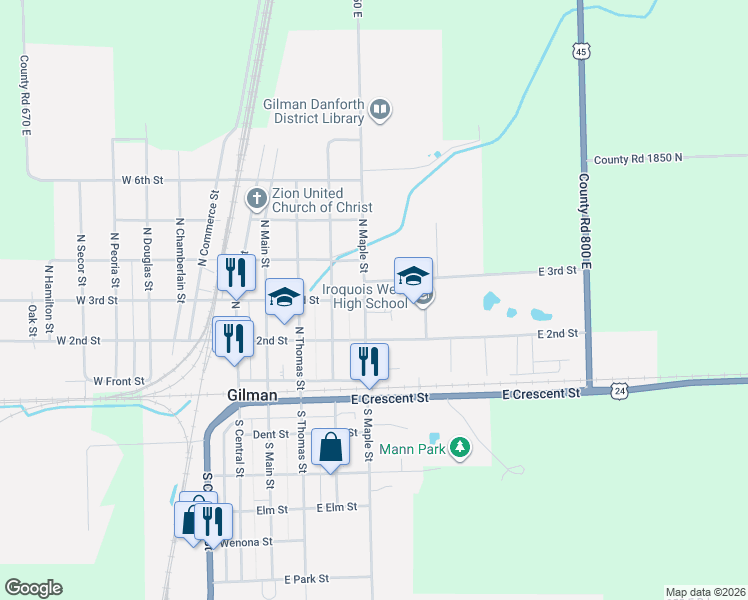 map of restaurants, bars, coffee shops, grocery stores, and more near 303 North Maple Street in Gilman