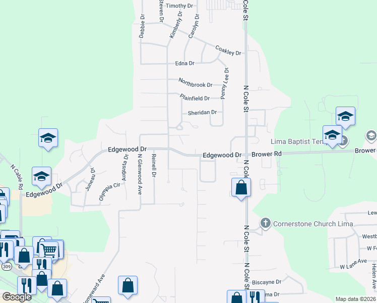 map of restaurants, bars, coffee shops, grocery stores, and more near 1550 Edgewood Drive in Lima