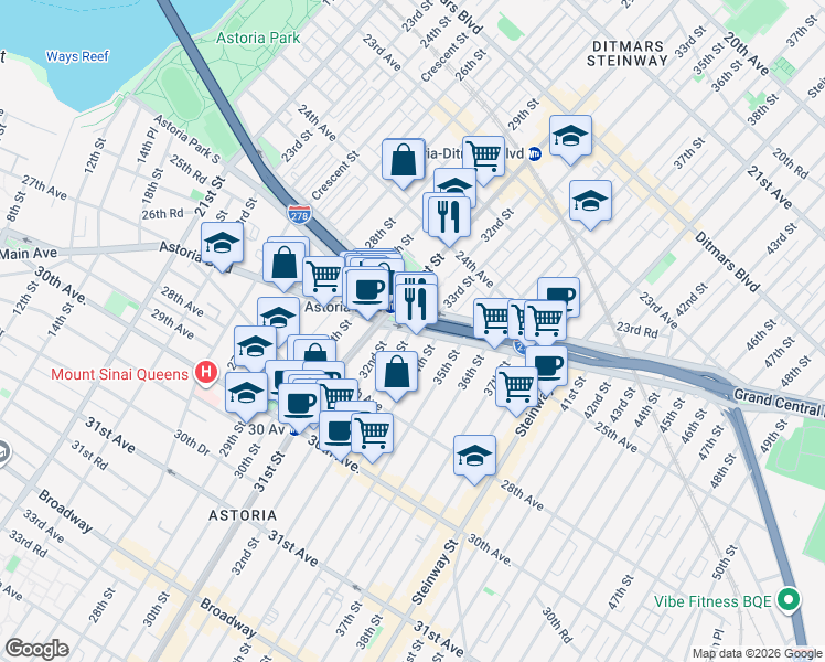 map of restaurants, bars, coffee shops, grocery stores, and more near Astoria Boulevard & 33rd Street in Queens