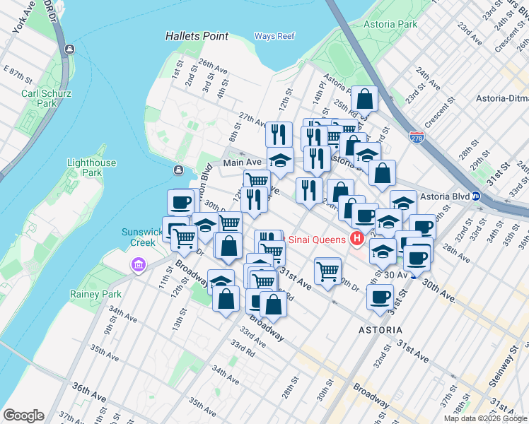 map of restaurants, bars, coffee shops, grocery stores, and more near 30-37 14th Street in Queens
