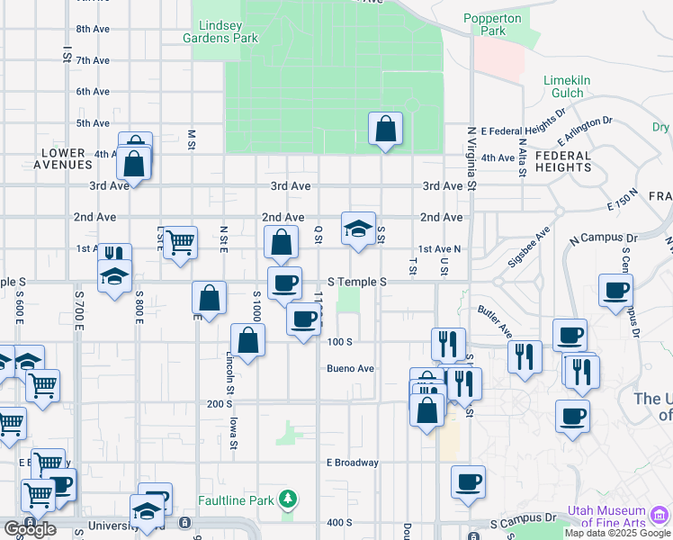 map of restaurants, bars, coffee shops, grocery stores, and more near 25 R Street in Salt Lake City