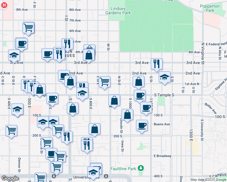 map of restaurants, bars, coffee shops, grocery stores, and more near 24 M Street in Salt Lake City