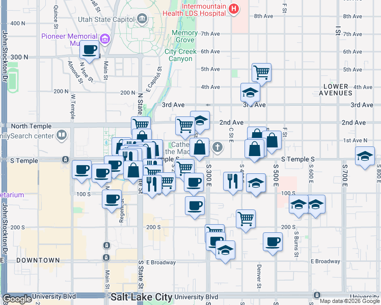 map of restaurants, bars, coffee shops, grocery stores, and more near 19 A Street East in Salt Lake City