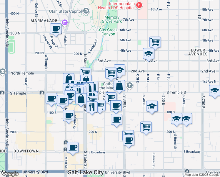 map of restaurants, bars, coffee shops, grocery stores, and more near 150 East 1st Avenue in Salt Lake City