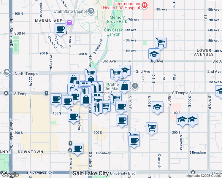 map of restaurants, bars, coffee shops, grocery stores, and more near 150 East 1st Avenue in Salt Lake City