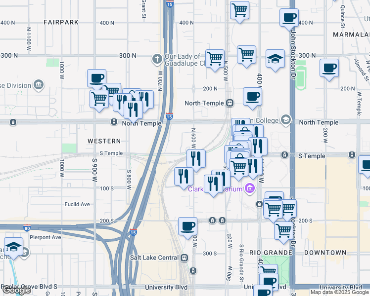 map of restaurants, bars, coffee shops, grocery stores, and more near 650 West South Temple in Salt Lake City