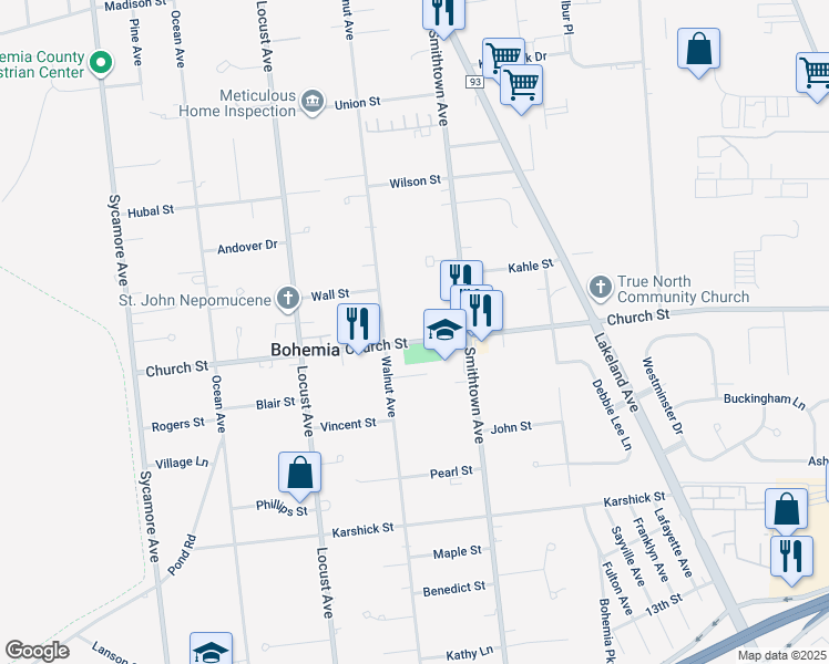 map of restaurants, bars, coffee shops, grocery stores, and more near 915 Church Street in Bohemia