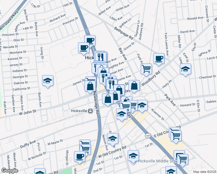 map of restaurants, bars, coffee shops, grocery stores, and more near 25 Notre Dame Avenue in Hicksville