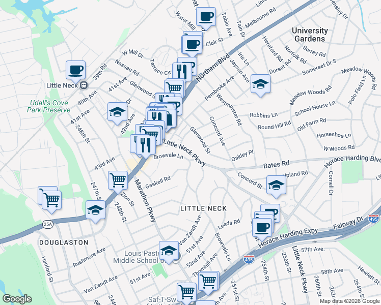 map of restaurants, bars, coffee shops, grocery stores, and more near 47-27 Little Neck Parkway in Queens
