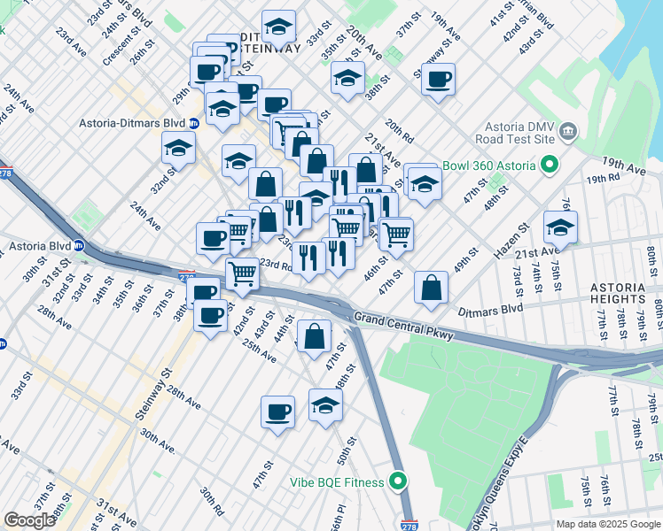 map of restaurants, bars, coffee shops, grocery stores, and more near 22-57 43rd Street in Queens