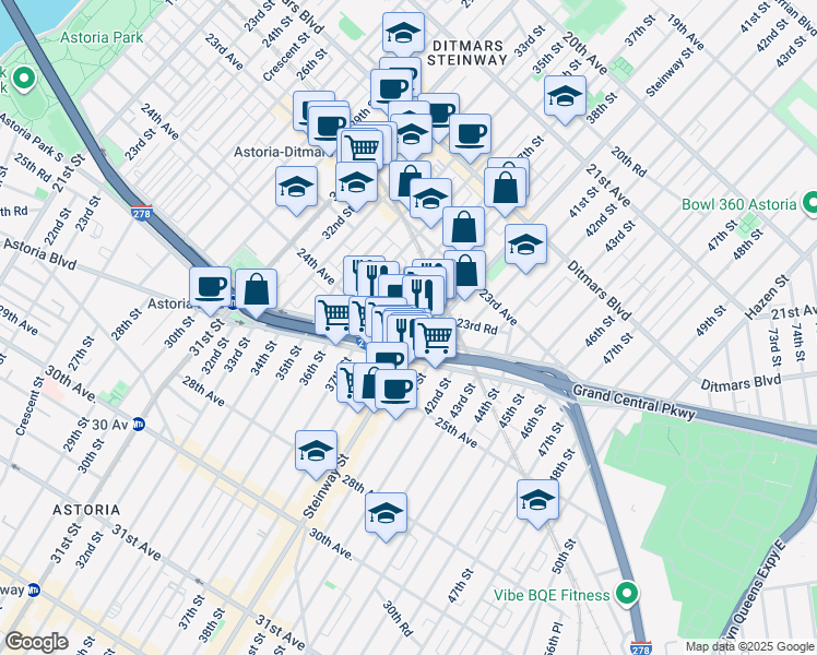 map of restaurants, bars, coffee shops, grocery stores, and more near in Queens
