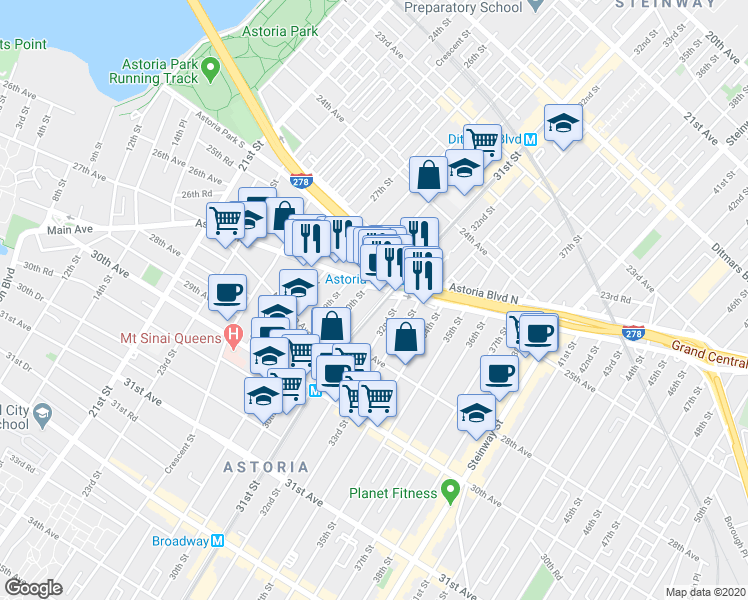 map of restaurants, bars, coffee shops, grocery stores, and more near in Queens