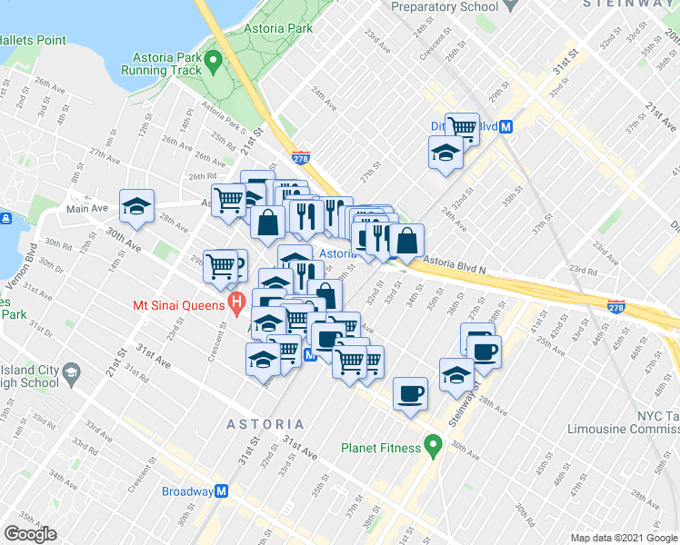 map of restaurants, bars, coffee shops, grocery stores, and more near in Queens
