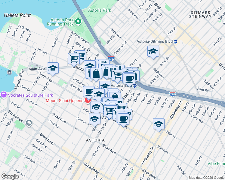 map of restaurants, bars, coffee shops, grocery stores, and more near 26-33 28th Street in Queens
