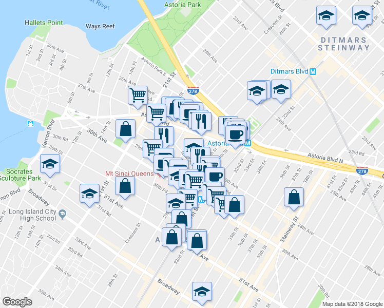 map of restaurants, bars, coffee shops, grocery stores, and more near 26-33 28th Street in Queens
