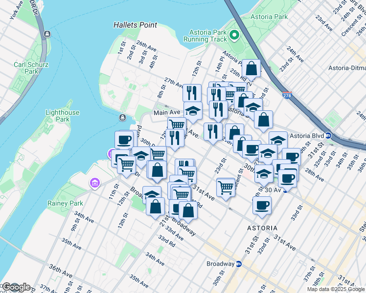 map of restaurants, bars, coffee shops, grocery stores, and more near 30-35 14th Street in Queens