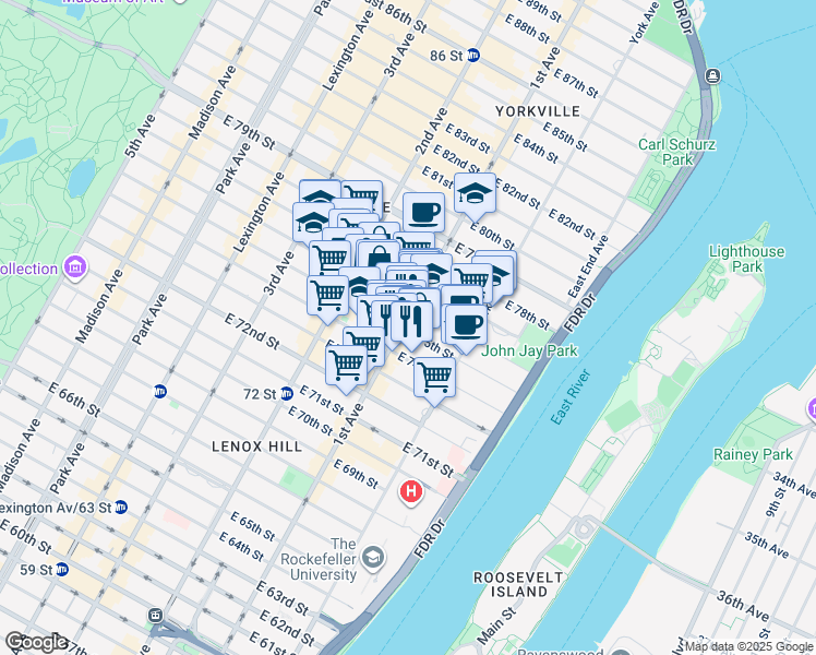 map of restaurants, bars, coffee shops, grocery stores, and more near 1445 1st Avenue in New York