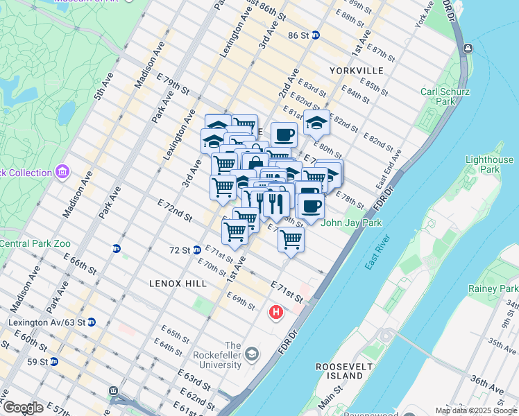 map of restaurants, bars, coffee shops, grocery stores, and more near 1445 1st Avenue in New York