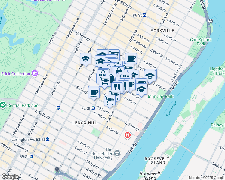 map of restaurants, bars, coffee shops, grocery stores, and more near 310 East 75th Street in New York