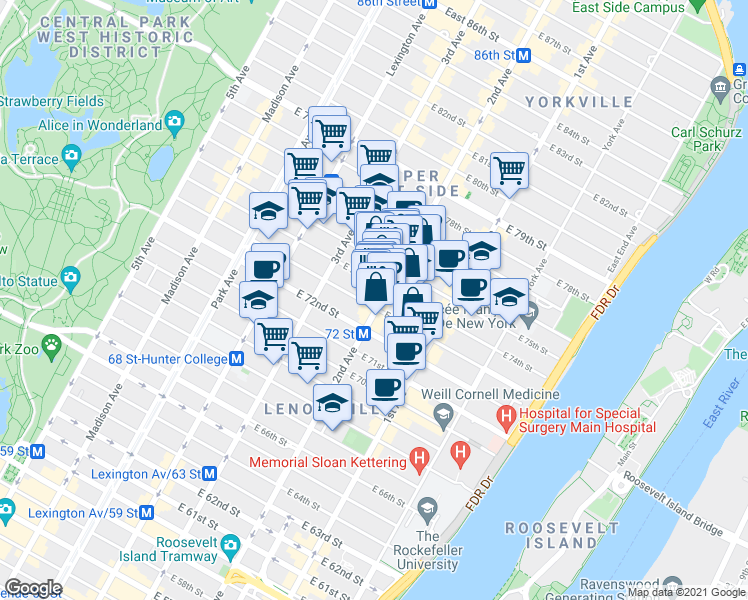 map of restaurants, bars, coffee shops, grocery stores, and more near in New York
