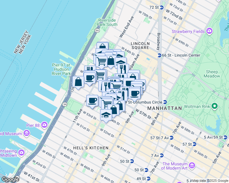 map of restaurants, bars, coffee shops, grocery stores, and more near 515 West 57th Street in New York