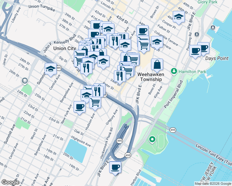 map of restaurants, bars, coffee shops, grocery stores, and more near 3343 Park Avenue in Union City