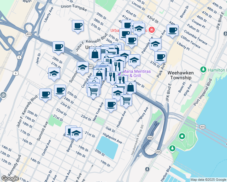 map of restaurants, bars, coffee shops, grocery stores, and more near 2812 New York Avenue in Union City