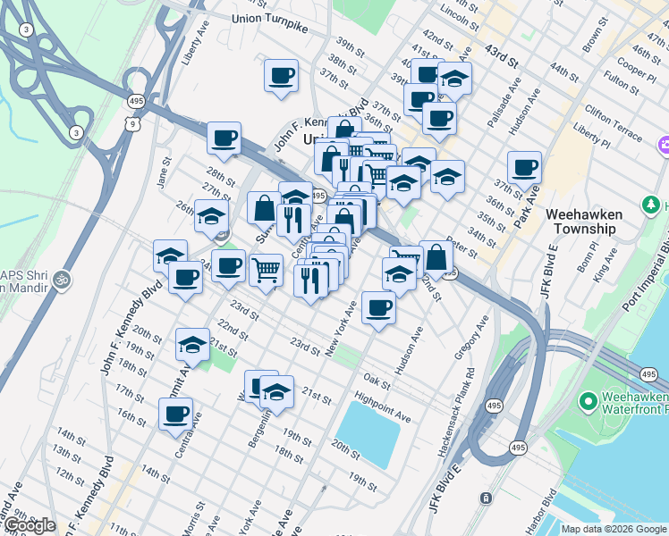 map of restaurants, bars, coffee shops, grocery stores, and more near 2813 Bergenline Avenue in Union City