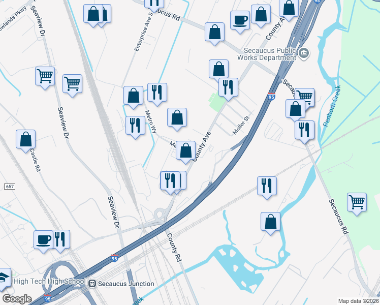map of restaurants, bars, coffee shops, grocery stores, and more near 1 Blanche Street in Secaucus