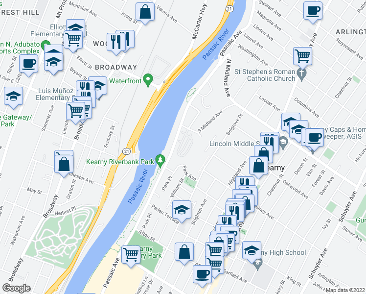 map of restaurants, bars, coffee shops, grocery stores, and more near 479 Passaic Avenue in Kearny