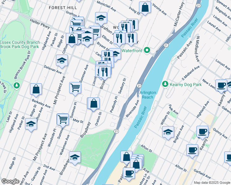 map of restaurants, bars, coffee shops, grocery stores, and more near 16 Seabury Street in Newark