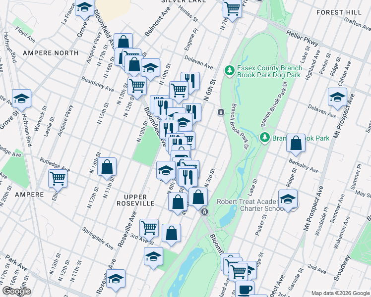 map of restaurants, bars, coffee shops, grocery stores, and more near 203 Abington Avenue in Newark