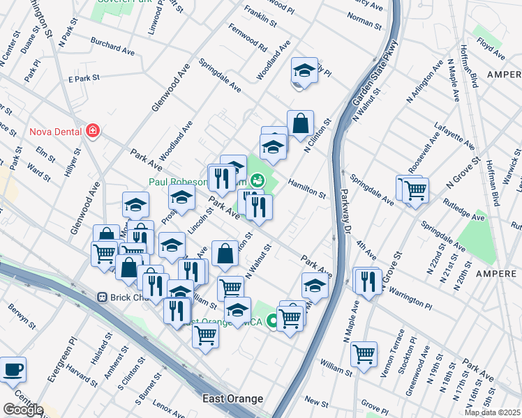map of restaurants, bars, coffee shops, grocery stores, and more near 205 North Clinton Street in East Orange