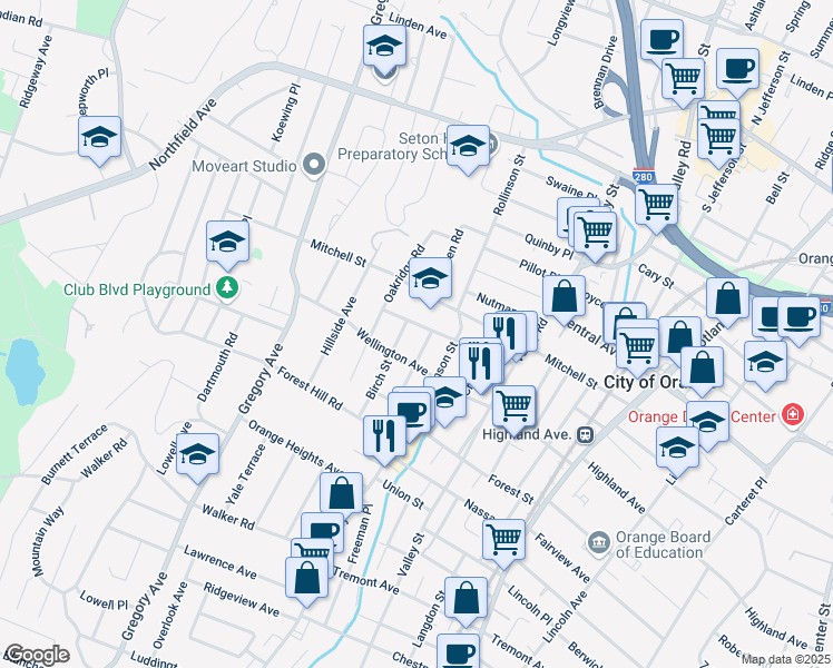 map of restaurants, bars, coffee shops, grocery stores, and more near 50 Hazel Avenue in West Orange