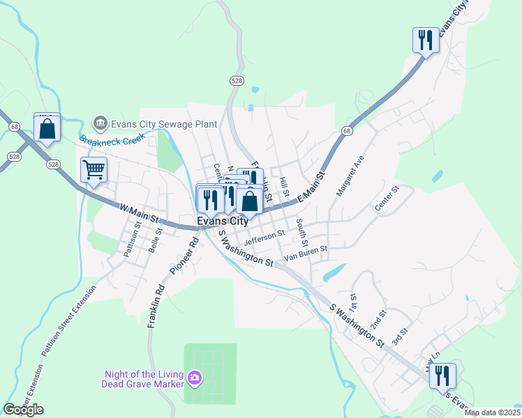 map of restaurants, bars, coffee shops, grocery stores, and more near 321 East Main Street in Evans City