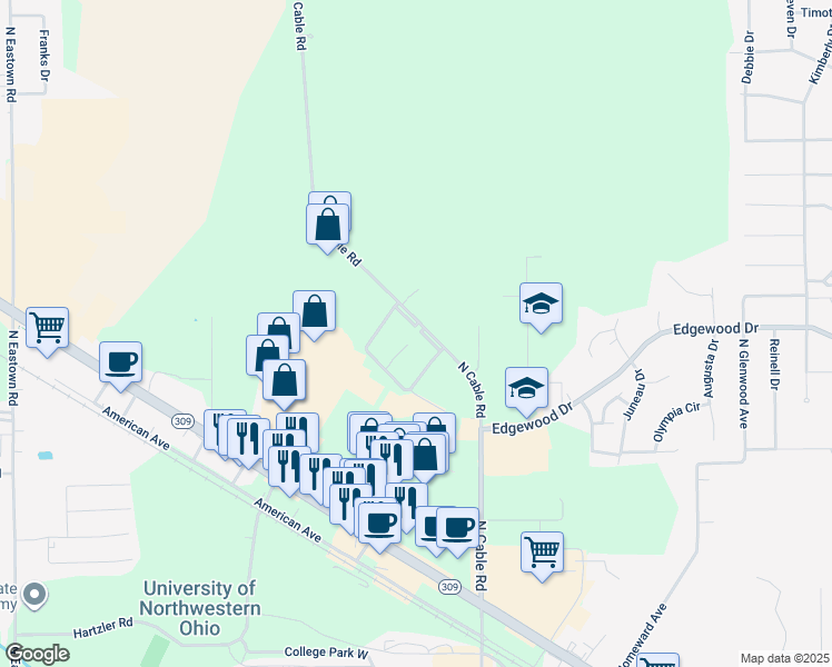 map of restaurants, bars, coffee shops, grocery stores, and more near 2275 North Cable Road in Lima