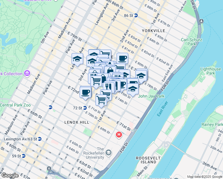 map of restaurants, bars, coffee shops, grocery stores, and more near 330 East 75th Street in New York