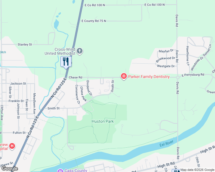 map of restaurants, bars, coffee shops, grocery stores, and more near 1800 Smith Street in Logansport