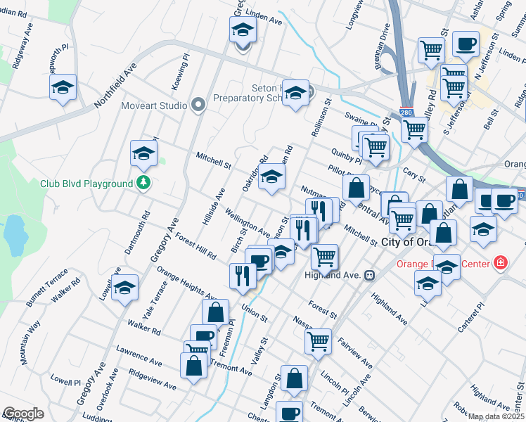 map of restaurants, bars, coffee shops, grocery stores, and more near 50 Hazel Avenue in West Orange