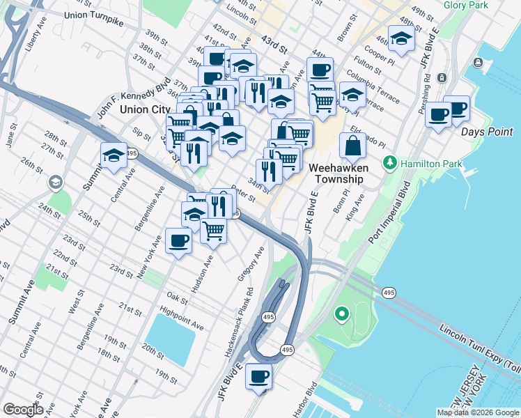 map of restaurants, bars, coffee shops, grocery stores, and more near 3343 Park Avenue in Union City