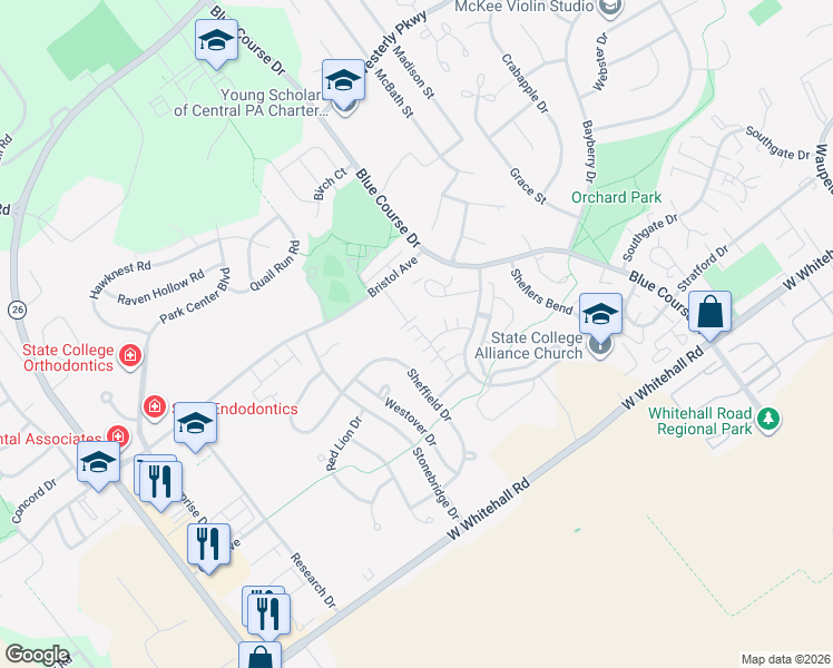 map of restaurants, bars, coffee shops, grocery stores, and more near 719 English Meadows Drive in State College