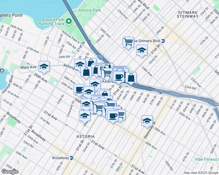 map of restaurants, bars, coffee shops, grocery stores, and more near in Queens