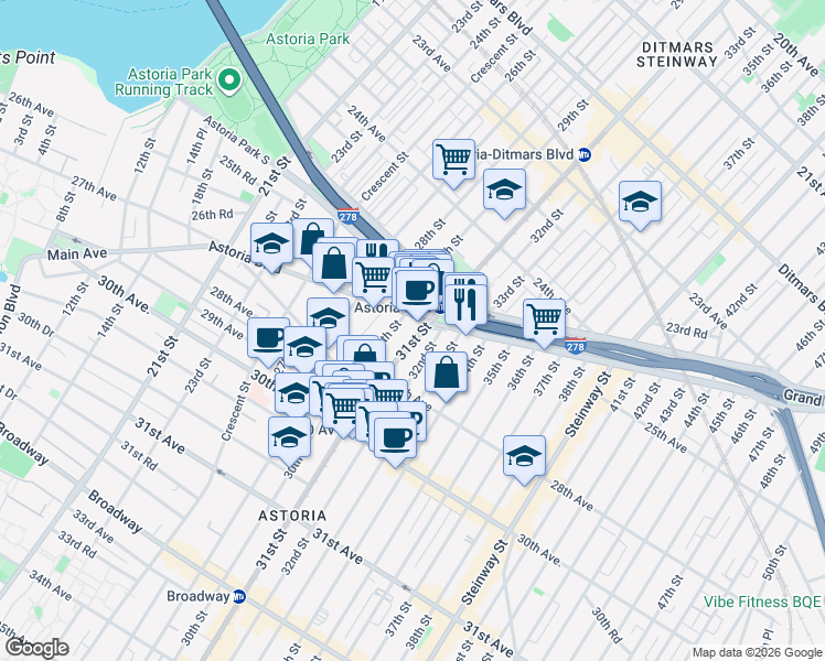 map of restaurants, bars, coffee shops, grocery stores, and more near 915 31st Street in Queens